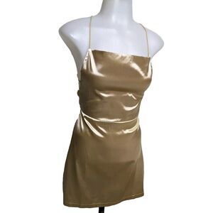 Slip Dress Medium Criss Cross Low Back Mini Short Gold Metallic Sheen M